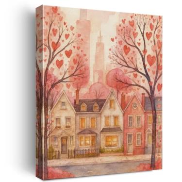 Imagem de Nurawo Decoração de arte de parede para o dia dos namorados, coração rosa, árvores, vila, imagem, impressão em tela, pintura de pôster emoldurado, para decoração de casa, quarto, 20 x 25 cm