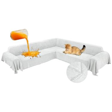Imagem de ROFASVCO 1OO% capas de sofá seccionais de canto à prova d'água em forma de L com borla, macia, grossa, lavável, protetor de móveis para cães (231 x 640 cm, branco creme)