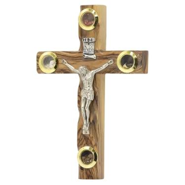 Imagem de Spring Nahal Crucifixo ortodoxo de madeira de oliveira com 4 lentes da Terra Santa, cruz cristã feita à mão com figura de Jesus prateada, feito em Belém (20 cm / 7,9")