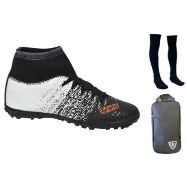 Imagem de Chuteira Society Botinha Cano Alto Costurada + Meião + Bolsa Mochila E