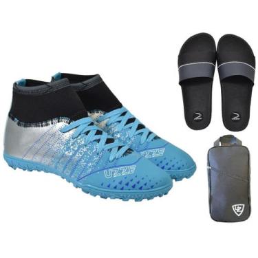 Imagem de Chuteira Society Botinha Adulto Costurada + Bolsa de Mão + Chinelo Sli