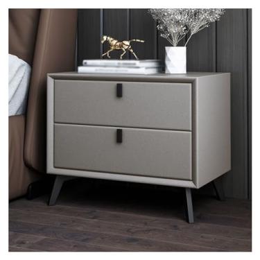 Imagem de Mesa de cabeceira de luxo leve de madeira maciça, armário de armazenamento de arte de couro estilo nórdico, mesa de cabeceira pequena para armazenamento doméstico