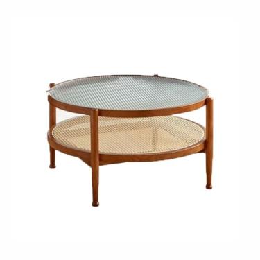 Imagem de Mesa central simples moderna mesa de centro sala de estar casa madeira maciça vidro de vime camada dupla mesa de café redonda mesa de quarto (B)
