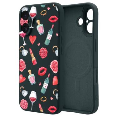 Imagem de OFQKOAKS Capa para iPhone 16 Pro Max compatível com MagSafe, capa de telefone feminina, romântica, batom, champanhe, batom, champanhe, capa protetora de silicone líquido preto macio para mulheres e