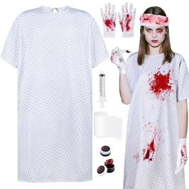 Imagem de MJOGGOTT Fantasia de Halloween para pacientes com 7 peças, inclui vestido de hospital unissex, gaze de sangue, pomada de sangue, luva de seringa para pacientes sangrentos, vestidos assustadores para