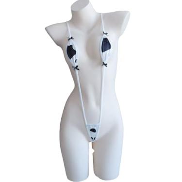Imagem de YUANMO Lingerie feminina anime vaca estilo sling mini biquíni estampa de vaca body peça única, Branco, Tamanho Único