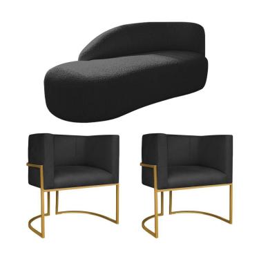 Imagem de Kit Divã Luna 160cm Lado Esquerdo E 02 Poltronas Base De Ferro Dourado Suede Preto