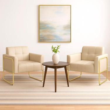 Imagem de Poltrona Sala Industrial Alta Tubo Dourado Kit 2 Elisa Sintético D03 - D'rossi Branco