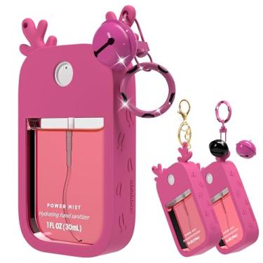 Imagem de Capa de silicone Elk compatível com spray higienizador de mãos Touchland (adequado para versão de 30 ml), chaveiro portátil, sino pequeno, chifres de veado fofos, Rosa, 1 Ounces