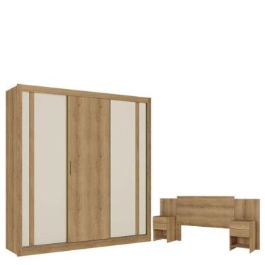 Imagem de Guarda Roupa Casal Ibiza 3 Portas Capuccino Cacau Off White Flex E Cabeceira Formosa Capuccino  - Thb