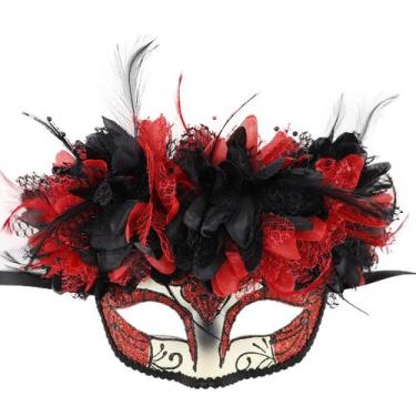 Imagem de Máscara veneziana com penas vermelhas e pretas com enfeite floral - yi