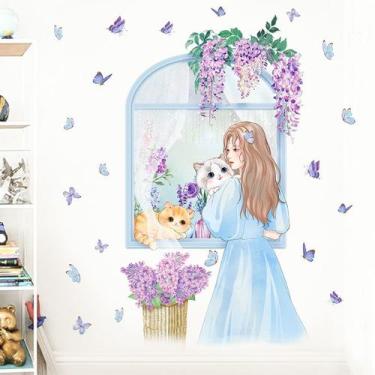 Imagem de Adesivo de parede Cartoon Girl com gatos e borboletas PVC 60x90cm - yi