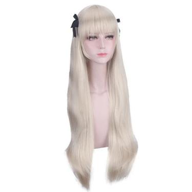 Imagem de Peruca de cosplay longa loira com franja lateral e laços pretos de 100