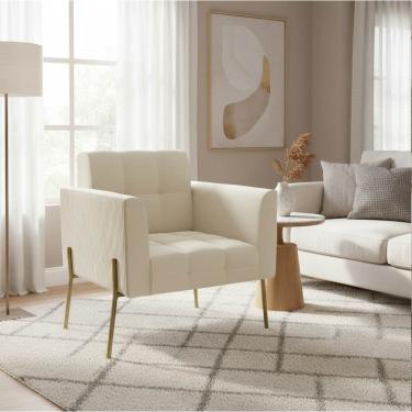 Imagem de Poltrona Sala Decorativa Elisa Pé de Aço Lateral Dourado Cotelê Ext/Veludo Bege D03 - D'Rossi