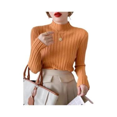 Imagem de Suéter Feminino De Tricô Canelado Gola Alta Manga Longa Slim Fit Básic
