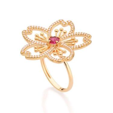 Imagem de Anel Rommanel Botão Flor Fol. Ouro Cristal e Zircônia 513388, 16, Dour