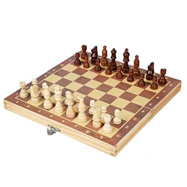 Imagem de HIOD Conjunto de xadrez dobrável de madeira magnético tabuleiro de jogo de feltro 2929 cm armazenamento interior adulto presente para crianças jogo familiar tabuleiro de xadrez