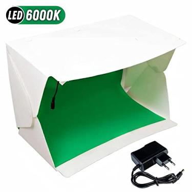 Imagem de Estúdio Cenário Para Tirar Fotos de Produtos Médios Evobox Plus Largo Desmontável Bivolt Led 6000K Com Fundo Branco, Preto e Verde