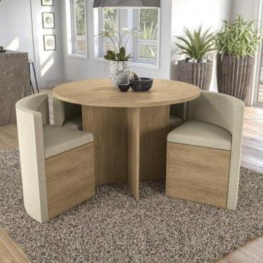 Conjunto Mesa de Jantar Redonda Cecília Amadeirada Natural 120cm com 4  Cadeiras Estofadas Isabela Cinza