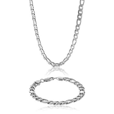 Imagem de Metro Jewelry Conjunto de joias de aço inoxidável para homens pulseira e colar de 23 cm e 55 cm Corrente Fígaro garra de lagosta 9 mm de largura, Metal