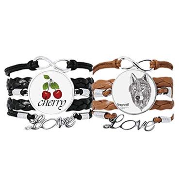 Imagem de DIYthinker Pulseira masculina Gray Wolf Friend Company Pulseira de couro corda de couro cereja Love conjunto duplo