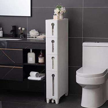 Imagem de Armário de armazenamento de banheiro branco skinny, pequeno armazenamento de banheiro com gavetas de armazenamento de plástico estreito de 4 camadas à prova d'água para cozinha, banheiro, sauna, sala