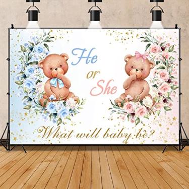Imagem de ZARROUEA Urso de bebê de 2,1 x 1,5 m, pano de fundo revelador de gênero, ele ou ela, fundo de festa, para fotografia de recém-nascidos, meninos ou meninas, pano de fundo para fotografia de chá de