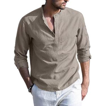 Imagem de YZEDYIU Camisetas masculinas Henley de algodão e linho.Camisetas masculinas de praia casuais de manga longa respiráveis hippie para homens, Cáqui, XG