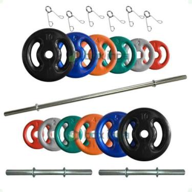 Imagem de Kit 50 Kg de Anilhas Emborrachadas + 2 Barras Maciças Zincada 40cm e B