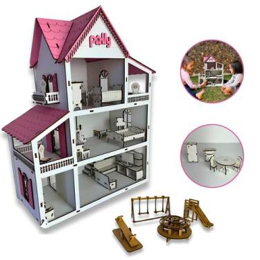 Imagem de Casinha De Boneca Brinquedo Infantil Em Mdf Branca 19 Mini Moveis - Gr