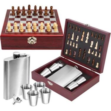 Imagem de Cantil De Bolso Kit 6 Peças Inox Maleta Jogo Xadrez Whisky - UnyHome