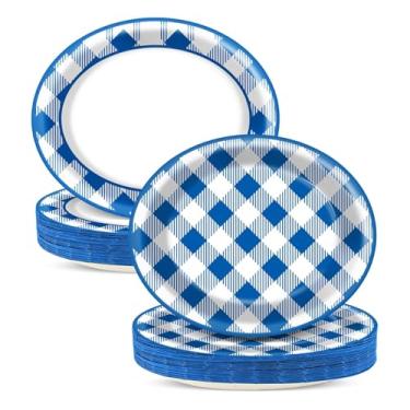 Imagem de Qyeahkj 50 peças de pratos ovais quadriculados azuis e brancos grandes de 28 cm, decorações de piquenique, jantares, artigos de churrasco, lembrancinha para chá de bebê, festa de aniversário, conjunto