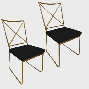 Imagem de Kit 02 Cadeiras Sala de Jantar Escritório Office Clark Industrial Ferro Dourado Corino Preto - Ahz Móveis