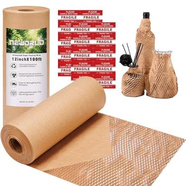 Imagem de Neworld Papel De Embalagem Honeycomb, 12" X 100', Envoltório Plástico Bolha Ecológico Para Embrulho Produtos E Presentes, Material Reciclável Com 20 Etiquetas Adesivas Frágeis