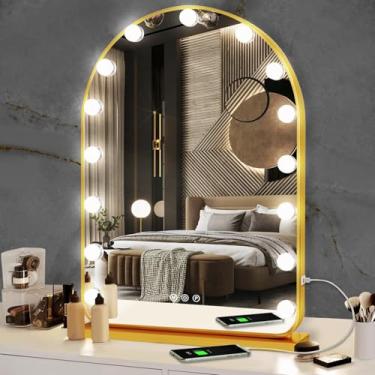 Imagem de THEKLA Espelho De Maquiagem Estilo Hollywood Com Arco Dourado E Luzes Para Mesa Maquiagem, Base Removível, Suporte Parede, 10 Lupas, Regulável, 3 Cores, 15 Lâmpadas Iluminadas