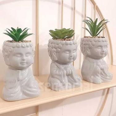 Imagem de Kit 3 Vasos Decorativos com Suculentas Artificiais, Cerâmica Branca Cinza, Decoração para Mesa, Nichos e Prateleiras, Banheiro (Cinza)