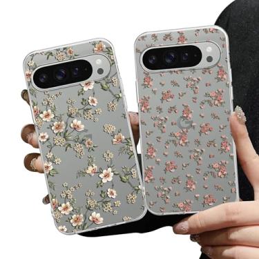 Imagem de Zrutru Pacote com 2 capas de telefone de flores estéticas para Google Pixel 9 Pro XL 5G 17.3 cm, desenho fofo kawaii, estampa floral, capas transparentes para meninas e mulheres, capa protetora de TPU