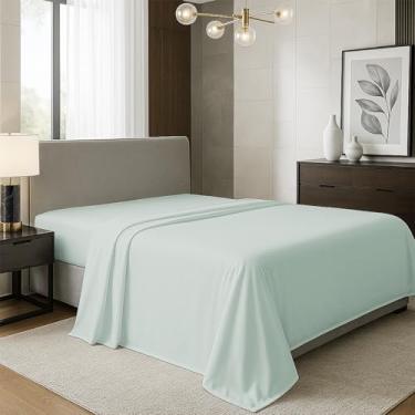 Imagem de TEXAS LINEN CO. Lençol de cima 100% algodão orgânico percal tamanho Queen - 1 lençol de cima, espuma do mar - roupa de cama nítida, fresca e forte, lençóis de cima para quem dorme quente, lençóis de