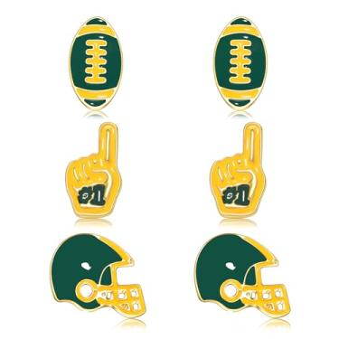 Imagem de 3 pares de brincos de futebol para mulheres, dia de jogo, liga de liga para capacete de futebol, brincos divertidos, declaração de cores, dia de jogo, suporte para fãs de joias e presente, one size