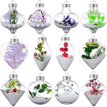 Imagem de Syhood 12 bolas de enfeite de Natal transparentes preenchíveis de 8 cm, 9 cm, 11 cm, bolas de plástico transparentes preenchíveis para árvore de Natal, artesanato, festa de Natal, casamento, decoração