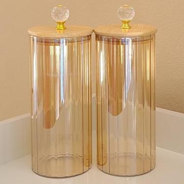 Imagem de Kit de 2 Potes de Vidro Canelado Âmbar cristal 1050ml com Tampa de Bambu Organizador para Cozinha