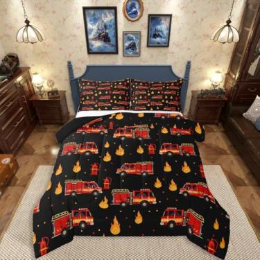 Imagem de Erosebridal Conjunto de edredom solteiro de caminhão de bombeiros, desenho animado de bombeiros vermelhos, para decoração de quarto de bombeiro, edredom preto e vermelho, enchimento de edredom com 1
