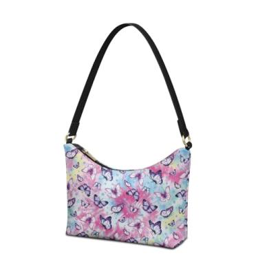 Imagem de Nittanovaca Bolsa de ombro feminina, bolsa de couro sob o braço com zíper, mini bolsa impermeável com alça para uso diário, Tie Dye rosa e azul borboleta
