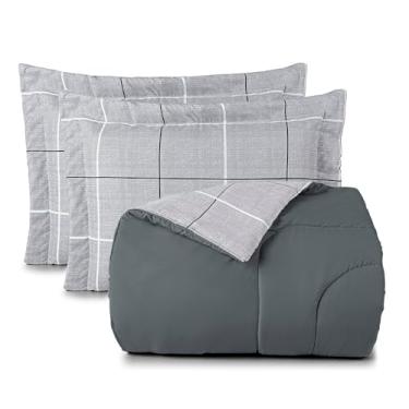 Imagem de Kit Edredom Cobertor Celi Super King Dupla Face Micropercal Estampado 200 Fios 3 Peças Xadrez Grid Cinza