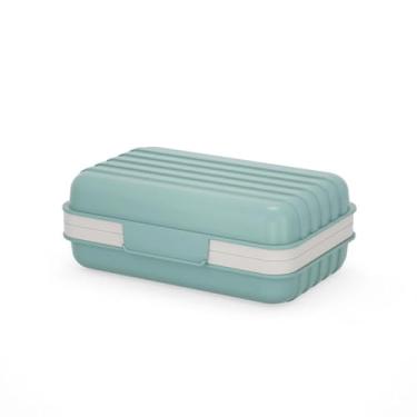 Imagem de Saboneteira de banheiro azul de material PP para chuveiro, suporte portátil à prova de vazamento para viagem com tampa para manter seco, protetor para uso em viagens ao ar livre, armazenamento