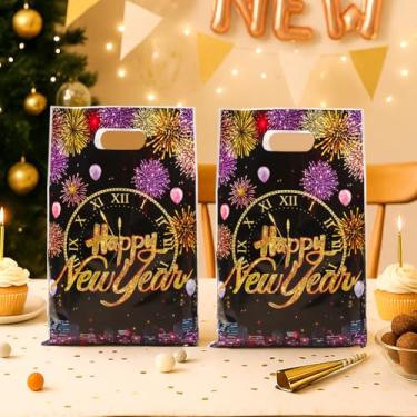 Imagem de 25 peças 2026 Feliz Ano Novo 2026 sacola de presente, sacos de embalagem com padrão de relógio de fogos de artifício, festa de ano novo, pequenos sacos de embrulho de doces para decoração de festas