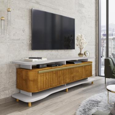 Imagem de Rack Guarapari Tv 75 Polegadas Com Pés De Madeira Maciça Off White/naturale