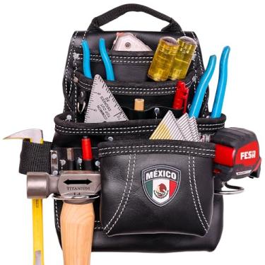 Imagem de FESA Bolsa de ferramentas de couro para carpinteiro - Bolsa de carpinteiro de couro de grão superior pesado com 10 bolsos com 2 laços de martelo, bolsos grandes e pequenos - serve para cintos de