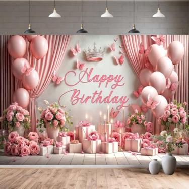 Imagem de Cenário de feliz aniversário com tema de princesa, decoração de festa elegante, coroa de rosa rosa, faixa de fundo de aniversário, decorações de festa de meninas, coroa, rosas, balões de bolo