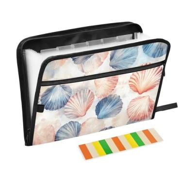 Imagem de CEBUGI Pasta expansível de 13 bolsos, impermeável, sanfonada, organizador de arquivos com etiquetas tamanho A4, organizador de documentos de papel para escola, escritório, padrão de concha